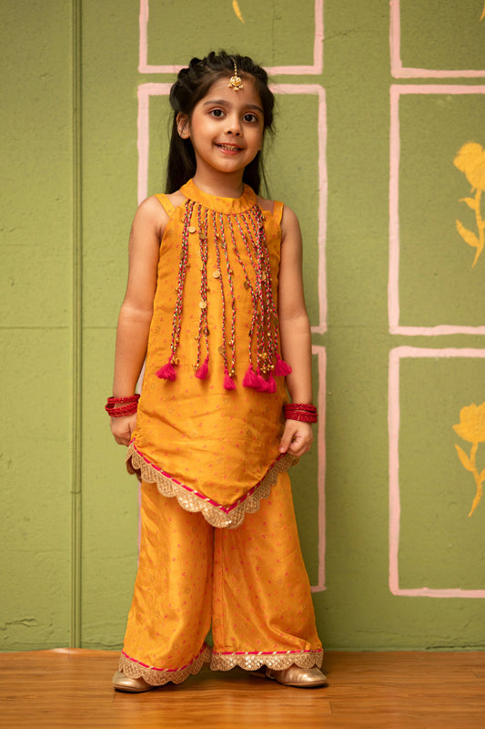 Mustard Bandhej Tassel Set