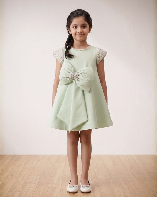 Green Bow A Line Embroidered Dress