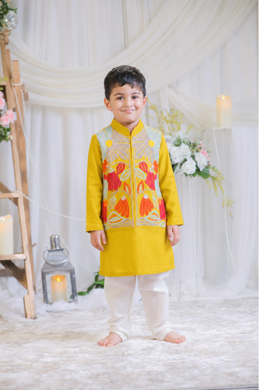Mustard Embroidered Nehru Jacket Kurta Set