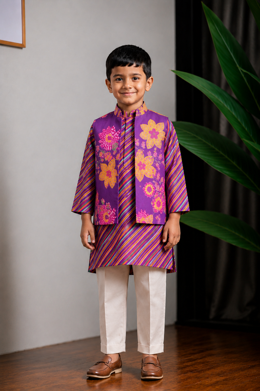 Purple Printed Nehru Set
