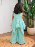 Blue V Neck Embroidered Asymmetrical Kurti Palazzo Set
