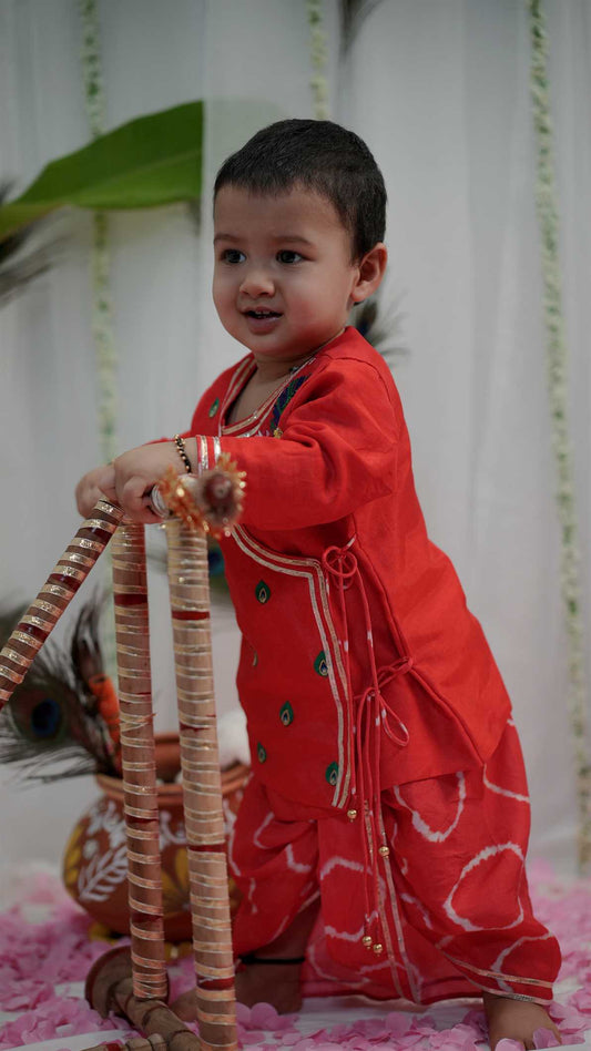 Red Bandhej Morpankh Set