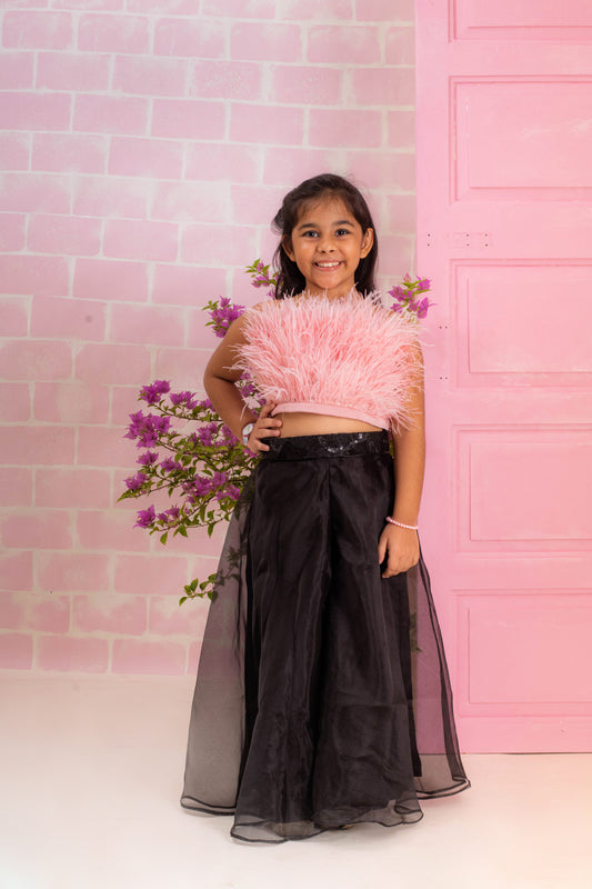 Onion Pink Feather Top With Black Palazzo