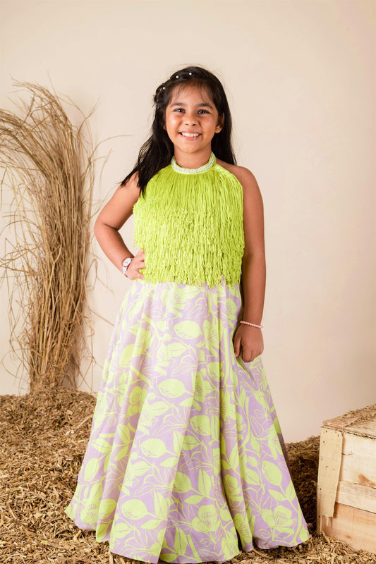 Lilac Green Fringe Ghaghra Set