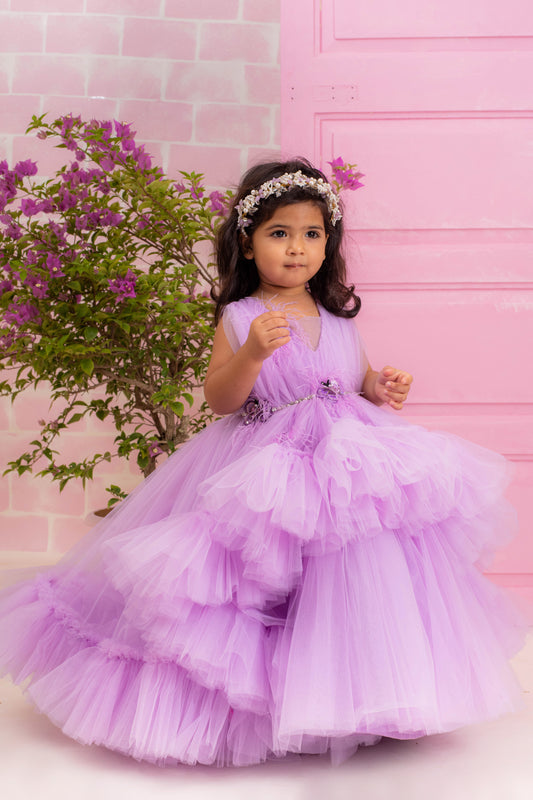 Lilac Frill Gown with Butterflies and Feather