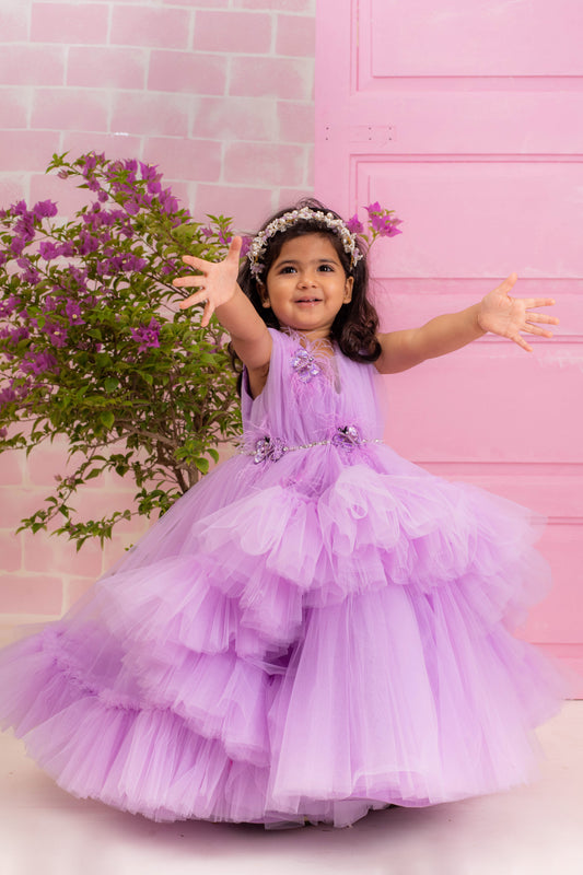 Lilac Frill Gown with Butterflies and Feather
