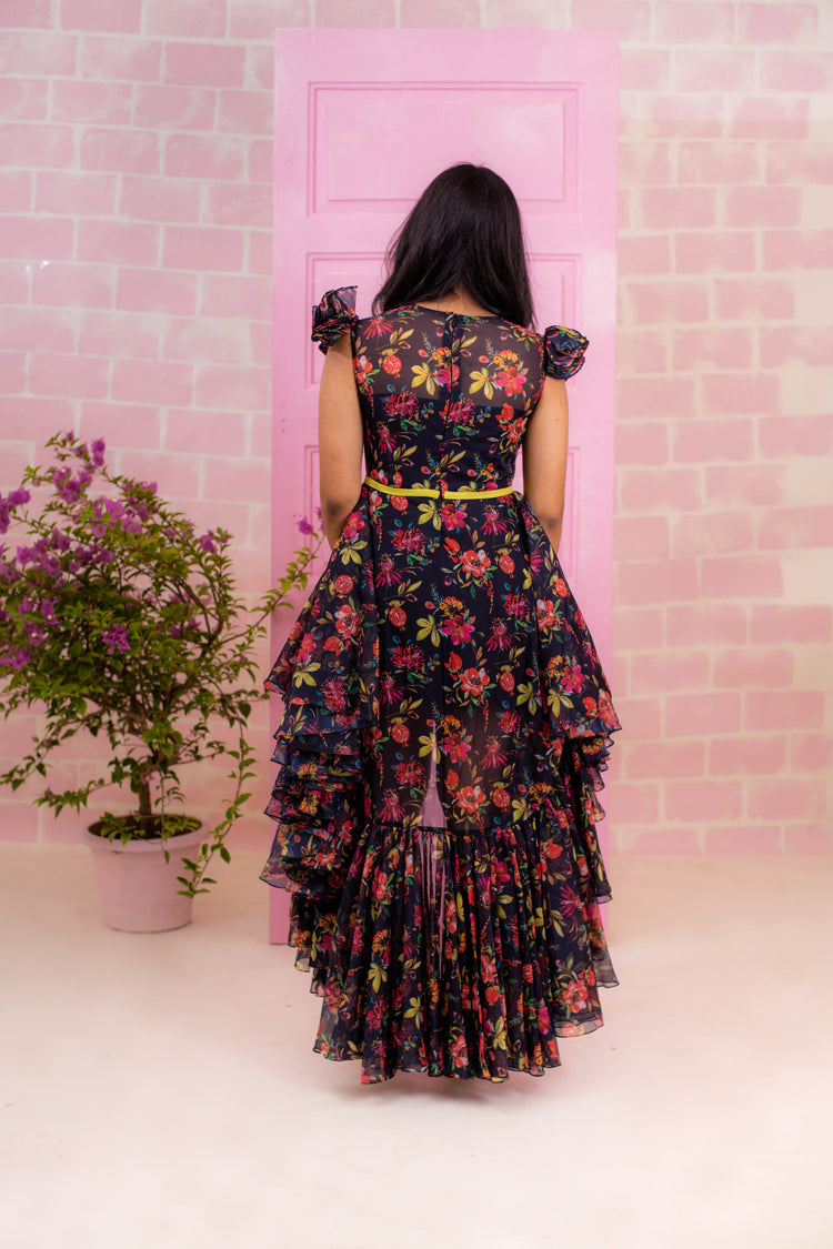 Black Floral Organza High Low Gown
