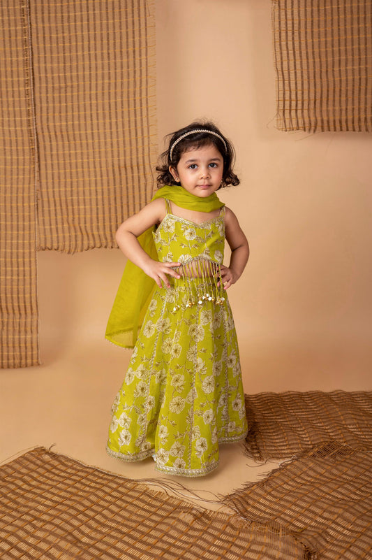 Green Floral Silk Ghaghra