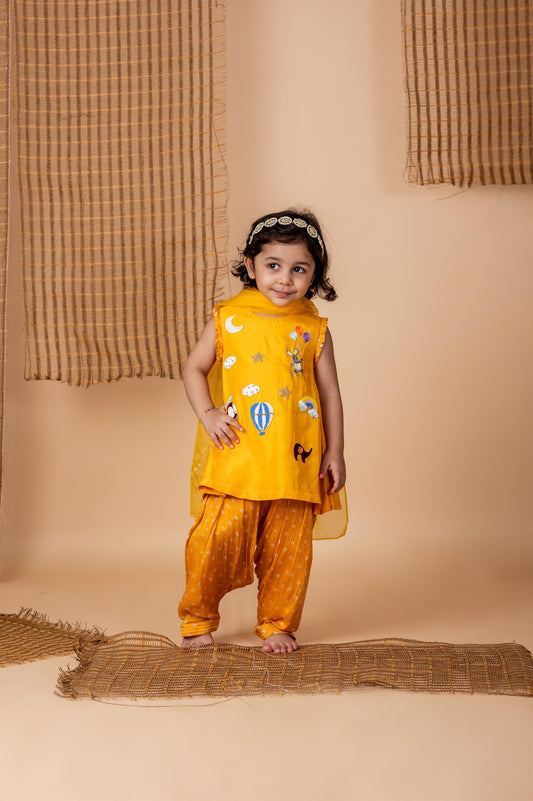 Fun Embroidery Yellow Bandhej Suit
