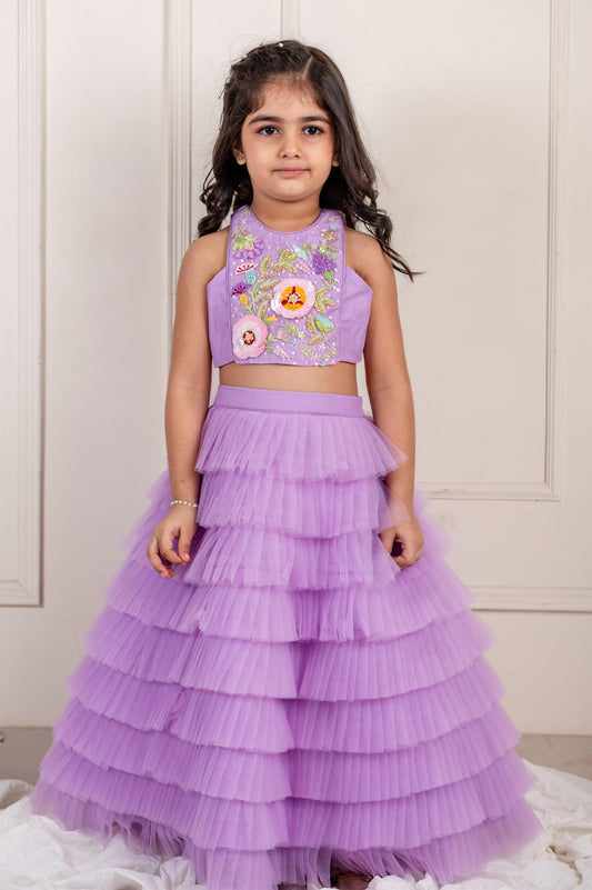 Lilac frill embroidery Ghaghra