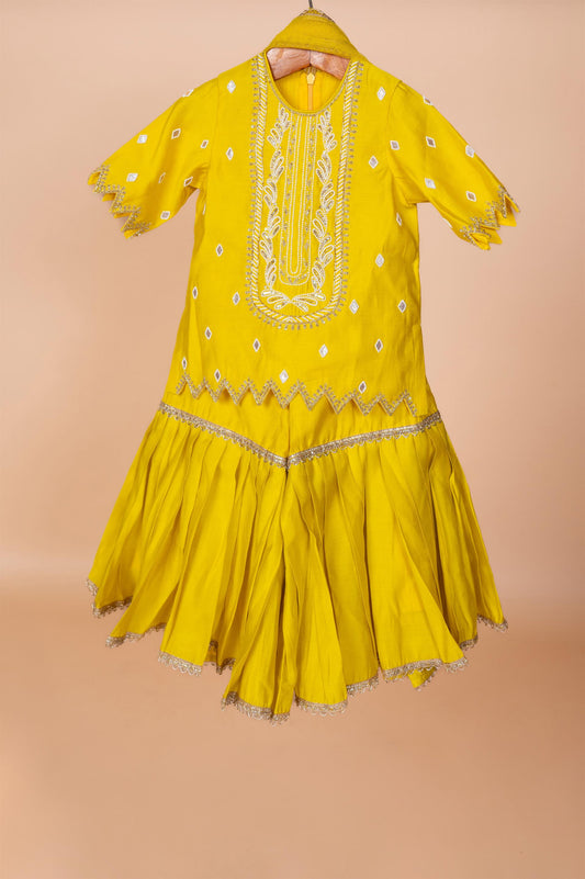 Yellow Sharara with hand done Pearl and Sequins Embroidery
