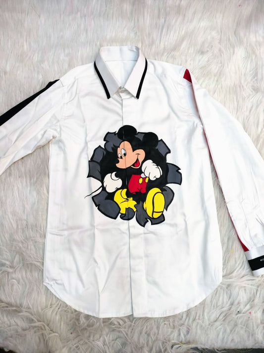 White Hand Painted Mickey Mouse Shirt