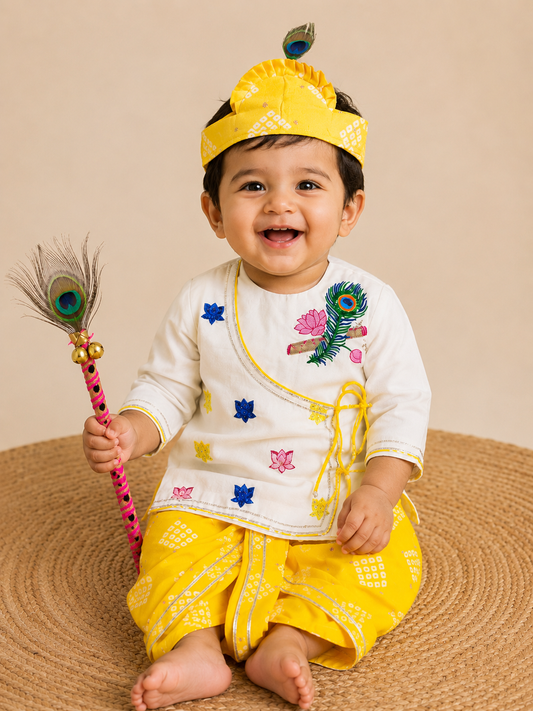 Yellow Bandhej with Basuri and Lotus embroidery