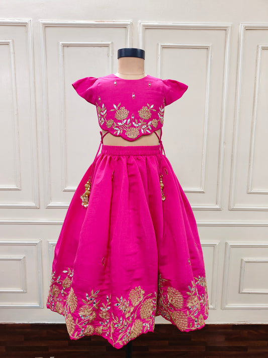Pink Floral Embroidery and Embellished Top with Ghaghra