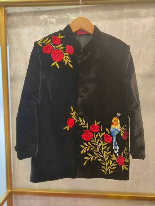 Floral Embroidered Black Achkan With Trousers