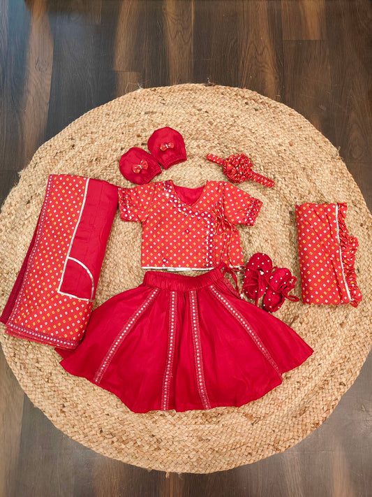Red Bandhej With Abla Embroidered Girl Jaamna