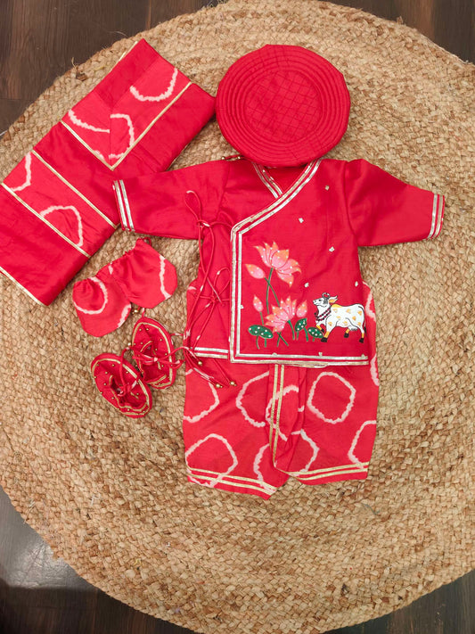 Red Bandhej Handpainted Pichwai Boy Jaamna