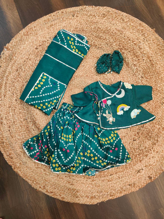 Green Bandhej Fun Embroidery Girl Jaamna