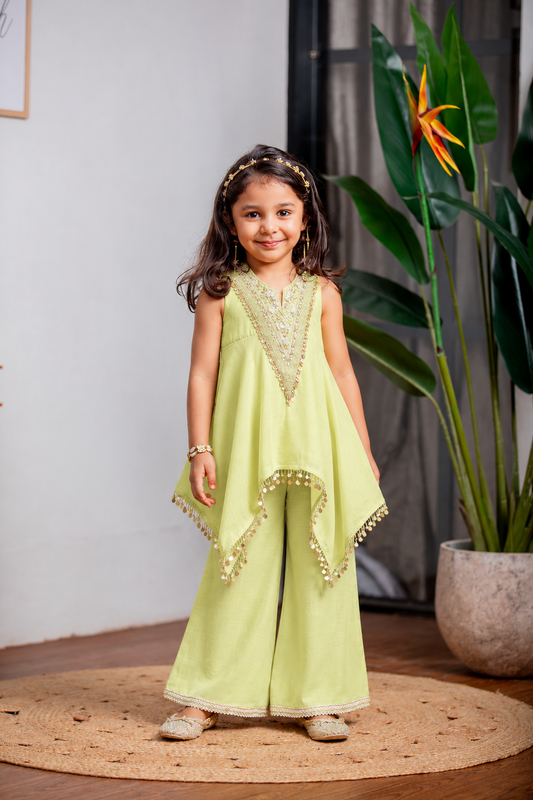 Green V Neck Embroidered Asymmetrical Kurti Palazzo Set
