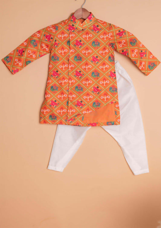 Orange Patola Kurta With Churidar Set
