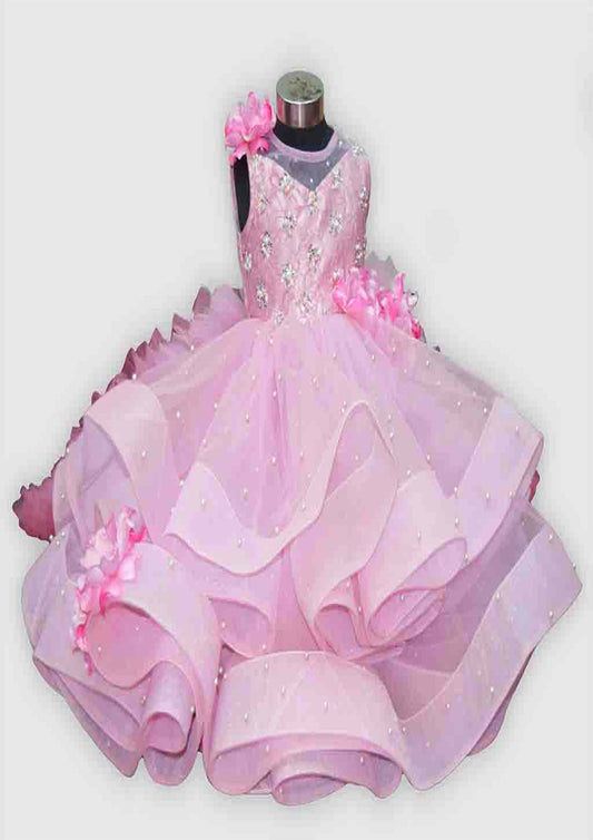 Onion Pink Flower Gown With Train