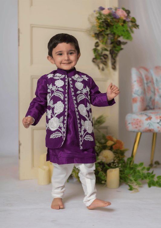 Purple And White Nehru With Kurta Set