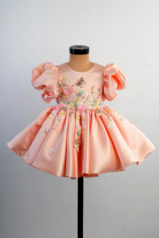 Peach Embroidery Luxury Satin Dress