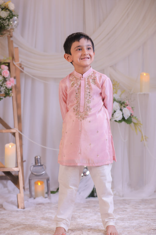 Shimmery Pink Mirror Embroidered Silk Kurta With Churidar