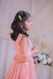 Peach Shimmery Embroidered Top With Shimmery Flared Lehenga And Dupatta