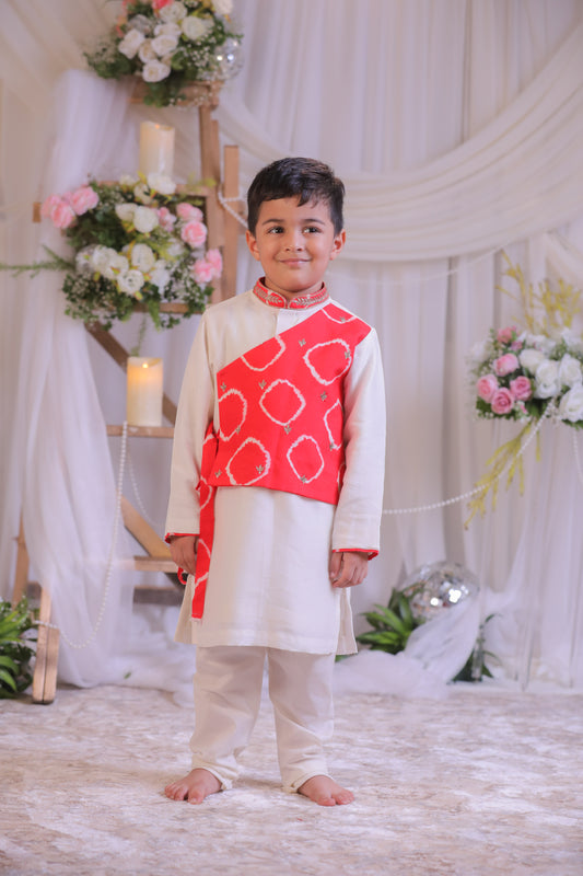 Red Bandhej Side Cut Kurta