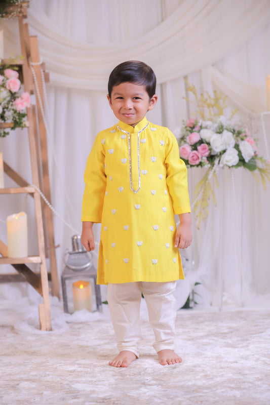 Yellow Lotus Embroidered Kurta With Churidar