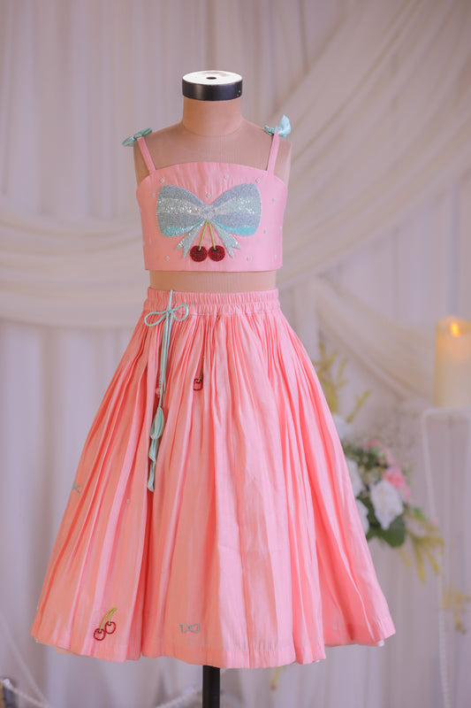 Peach Embroidered Silk Top With Lehenga