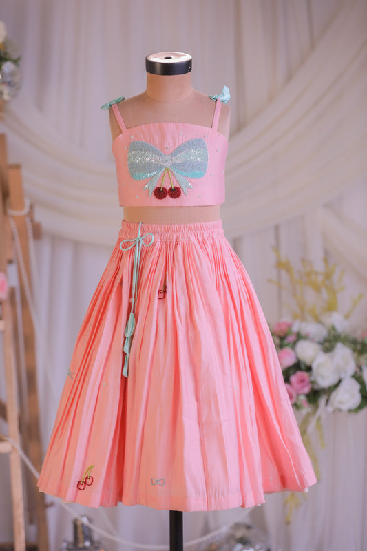 Peach Embroidered Silk Top With Lehenga