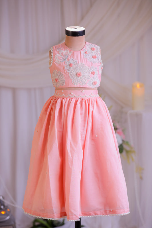 Peach Floral Embroidered Top With Silk Lehenga And Dupatta