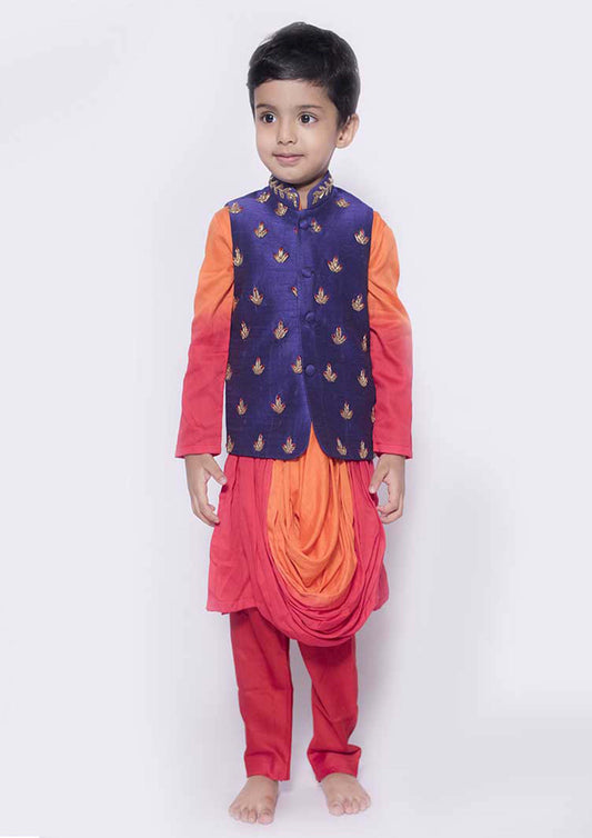 Blue Embroidered Nehru With Orange Kurta Set