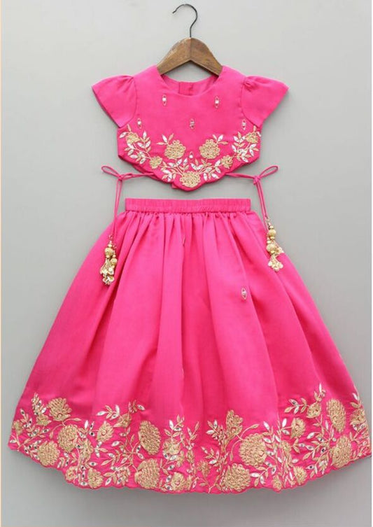 Pink Floral Embroidery and Embellished Top with Ghaghra