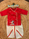 Red and White Krishna Printed Outfit with Mukut and Basuri