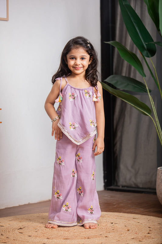 Lilac Chanderi Thread Embroidery Palazzo set