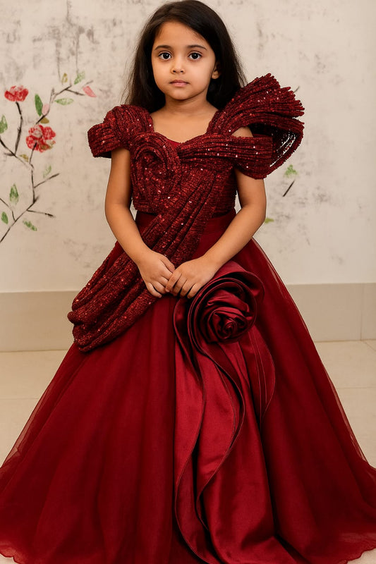 Maroon Sequinced Drape Ghaghra