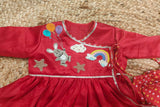 Red Bandhej Jaamna frock with cute embroidery