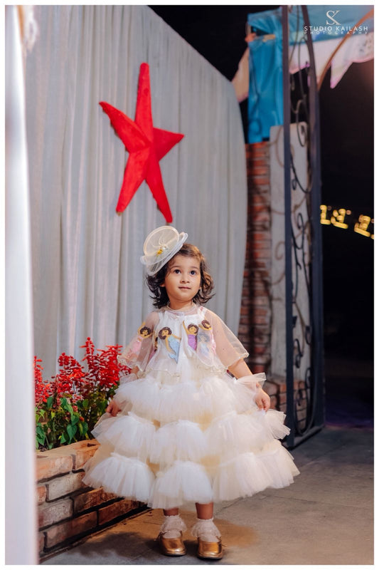 The White Ruched Dress with Mermaid Embroidery On The Cape