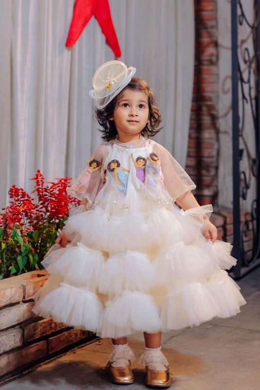 The White Ruched Dress with Mermaid Embroidery On The Cape