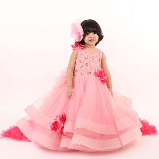 Pink Flower Gown With Train