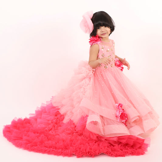 Pink Flower Gown With Train