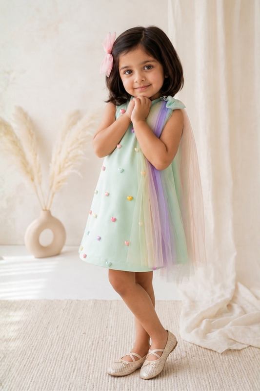 GREEN HEART DRESS WITH A CUTE BOW ON THE SHOULDER