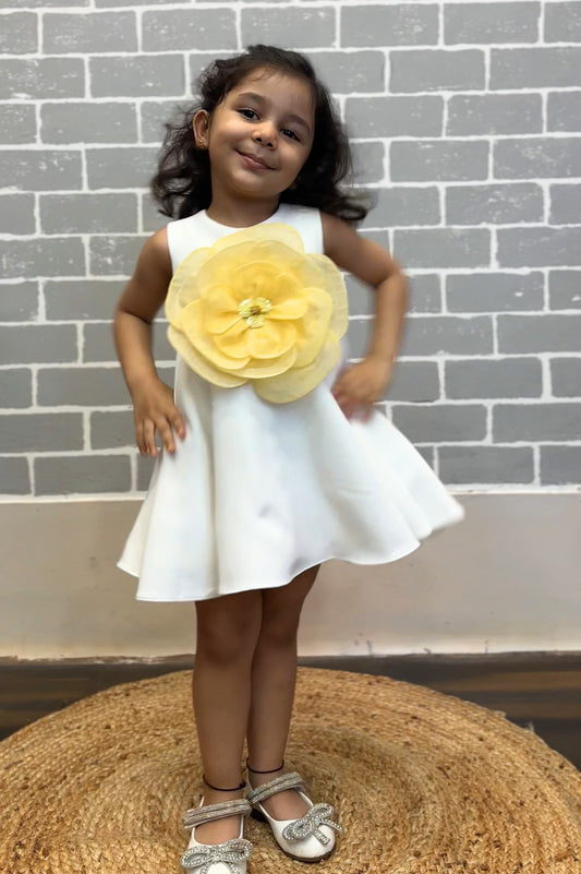 White dress with Yellow organza flower