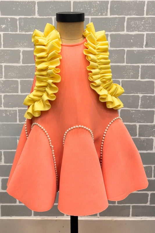 Peach Neoprene A-Line Dress with a Pattern