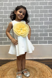 White dress with Yellow organza flower