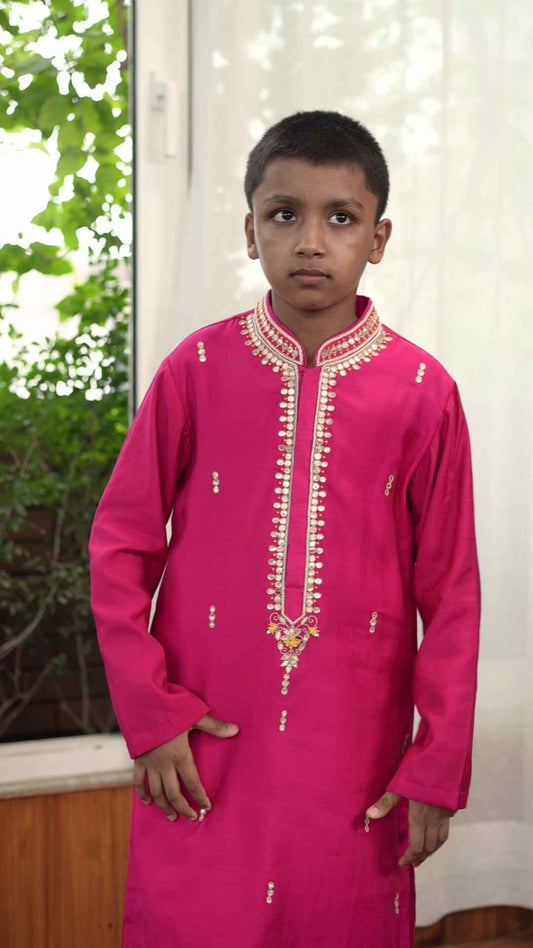 Pink Yellow Knot Embroidery Kurta