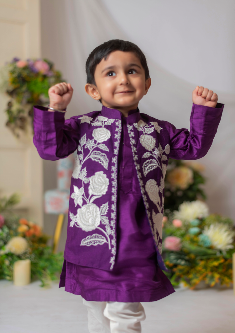 Purple And White Nehru With Kurta Set